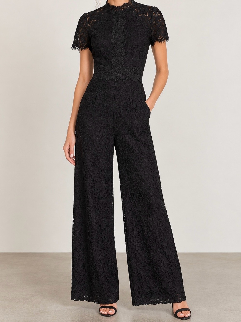 ANTONIO MELANI Black Lace Short-Sleeve Wide-Leg Jumpsuit